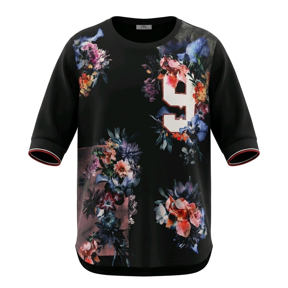 Zara Floral Varsity Number 9 Jersey Top Black Short Sleeve Pockets Woman - Picture 1 of 15
